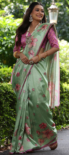 Green color Saree in Tussar Silk fabric with Floral, Printed work