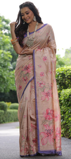 Pink and Majenta color Saree in Tussar Silk fabric with Floral, Printed work