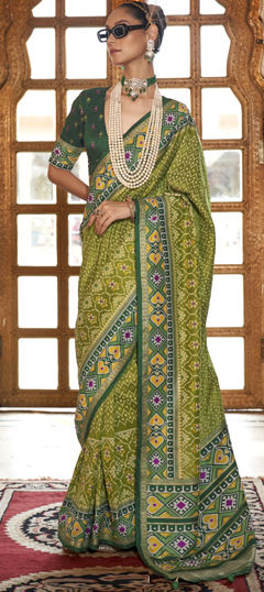 Green color Saree in Silk fabric with Printed work