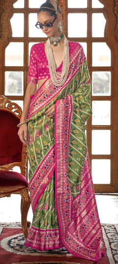 Green, Pink and Majenta color Saree in Silk fabric with Printed work