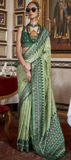 Green color Saree in Art Silk fabric with Printed, Weaving work