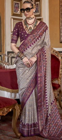 Beige and Brown color Saree in Art Silk fabric with Printed, Weaving work
