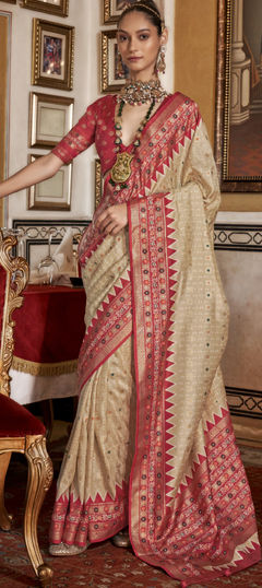 Beige and Brown color Saree in Art Silk fabric with Printed, Weaving work