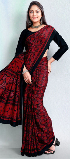 Festive, Party Wear, Traditional Black and Grey, Red and Maroon color Saree in Crepe Silk fabric with Classic Floral, Printed work : 1971280