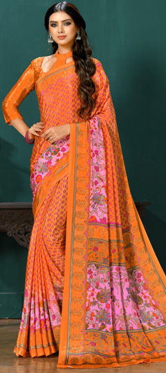 Festive, Party Wear, Traditional Orange color Saree in Crepe Silk fabric with Classic Floral, Printed work : 1971286