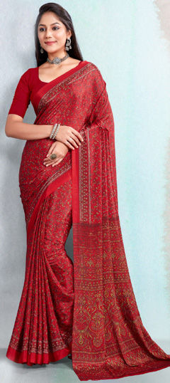 Festive, Party Wear, Traditional Red and Maroon color Saree in Crepe Silk fabric with Classic Printed work : 1971287