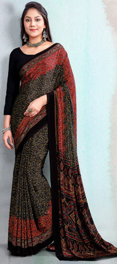 Black and Grey color Saree in Crepe Silk fabric with Printed work