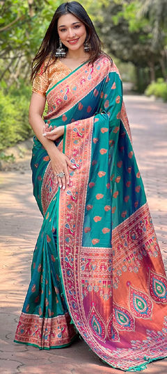 Green color Saree in Silk fabric with Weaving work