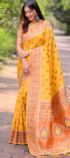 Yellow color Saree in Silk fabric with Weaving work