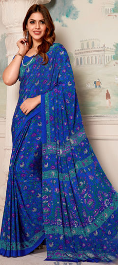 Festive, Party Wear, Traditional Blue color Saree in Crepe Silk fabric with Classic Floral, Printed work : 1971318