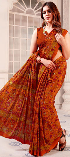 Festive, Party Wear, Traditional Orange color Saree in Crepe Silk fabric with Classic Floral, Printed work : 1971319