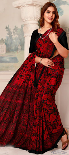 Festive, Party Wear, Traditional Black and Grey color Saree in Crepe Silk fabric with Classic Floral, Printed work : 1971323