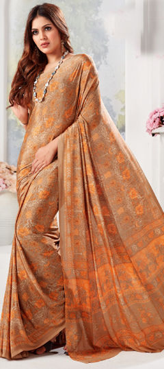 Beige and Brown color Saree in Crepe Silk fabric with Floral, Printed work