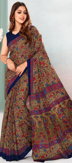 Beige and Brown color Saree in Crepe Silk fabric with Floral, Printed work