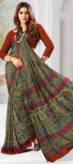 Green color Saree in Crepe Silk fabric with Floral, Printed work