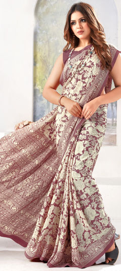 Red and Maroon, White and Off White color Saree in Crepe Silk fabric with Floral, Printed work