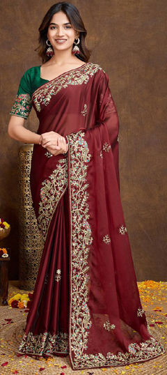 Red and Maroon color Saree in Art Silk fabric with Embroidered, Resham, Thread, Zari work