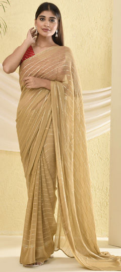 Festive, Wedding Gold color Saree in Georgette fabric with Classic Zari work : 1971341