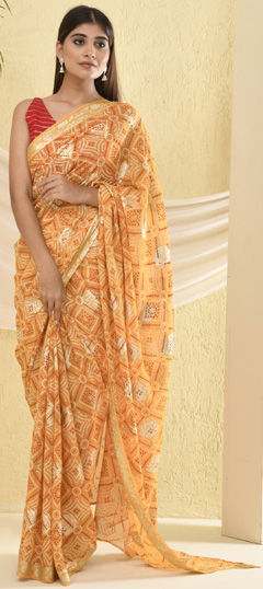 Festive, Wedding Yellow color Saree in Georgette fabric with Classic, Rajasthani Bandhej, Printed, Zari work : 1971342