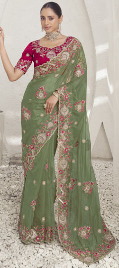 Green color Saree in Organza Silk fabric with Embroidered, Resham, Sequence, Thread, Zari work