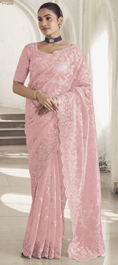 Pink and Majenta color Saree in Net fabric with Resham, Sequence, Thread work