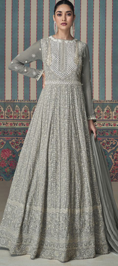 Black and Grey color Gown in Georgette fabric with Embroidered, Thread work