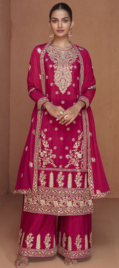 Pink and Majenta color Salwar Kameez in Silk fabric with Embroidered, Thread work