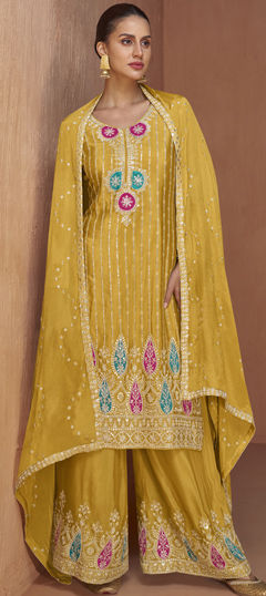 Yellow color Salwar Kameez in Silk fabric with Embroidered, Thread work