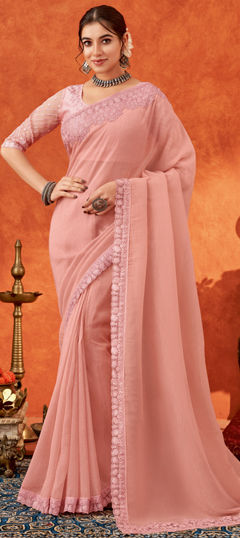 Pink and Majenta color Saree in Chiffon fabric with Embroidered, Resham, Thread work