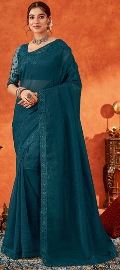 Blue color Saree in Chiffon fabric with Embroidered, Resham, Thread work