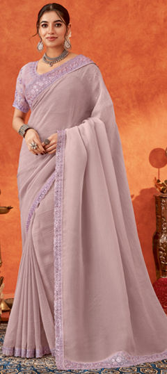 Purple and Violet color Saree in Chiffon fabric with Embroidered, Resham, Thread work