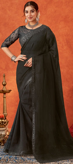 Black and Grey color Saree in Chiffon fabric with Embroidered, Resham, Thread work