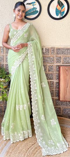 Festive, Reception Green color Saree in Shimmer fabric with Classic Embroidered, Thread work : 1971438