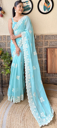 Festive, Reception Blue color Saree in Shimmer fabric with Classic Embroidered, Thread work : 1971439