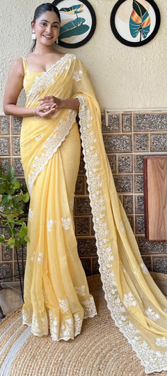 Yellow color Saree in Shimmer fabric with Embroidered, Thread work