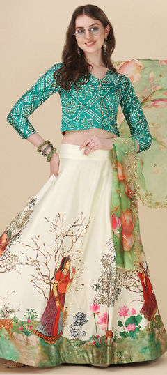 Festive, Party Wear Green, White and Off White color Lehenga in Satin Silk fabric with Flared Floral, Printed work : 1971451