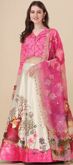 Festive, Party Wear Pink and Majenta, White and Off White color Lehenga in Satin Silk fabric with Flared Floral, Printed work : 1971452