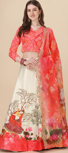 Festive, Party Wear Red and Maroon, White and Off White color Lehenga in Satin Silk fabric with Flared Floral, Printed work : 1971453