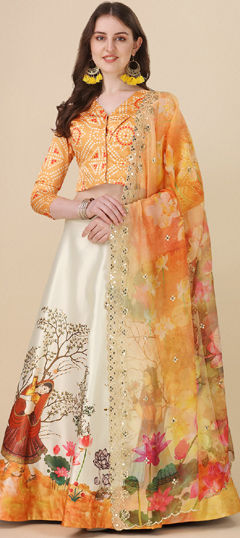 Festive, Party Wear White and Off White, Yellow color Lehenga in Satin Silk fabric with Flared Floral, Printed work : 1971454