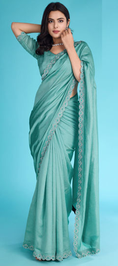 Blue color Saree in Shimmer fabric with Moti, Zircon work