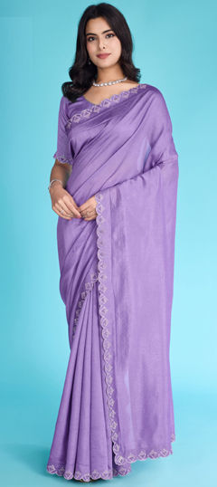 Purple and Violet color Saree in Shimmer fabric with Moti, Zircon work