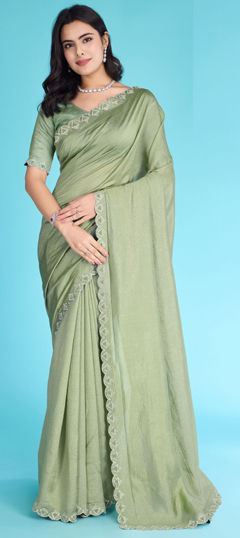 Green color Saree in Shimmer fabric with Moti, Zircon work