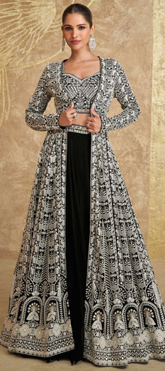 Festive, Reception Black and Grey color Long Lehenga Choli in Georgette fabric with Flared Embroidered, Sequence, Thread work : 1971467