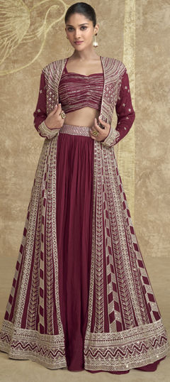 Engagement, Mehendi Sangeet, Wedding Red and Maroon color Long Lehenga Choli in Silk fabric with Flared Embroidered, Sequence, Thread work : 1971468