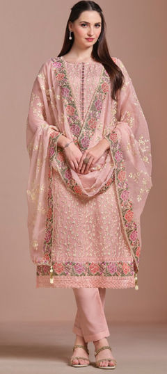 Bridal, Wedding Pink and Majenta color Salwar Kameez in Chiffon fabric with Straight Embroidered, Resham, Sequence, Thread work : 1971486