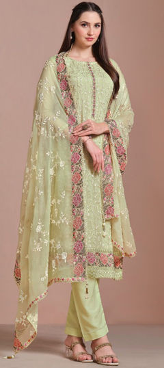 Bridal, Wedding Green color Salwar Kameez in Chiffon fabric with Straight Embroidered, Resham, Sequence, Thread work : 1971490