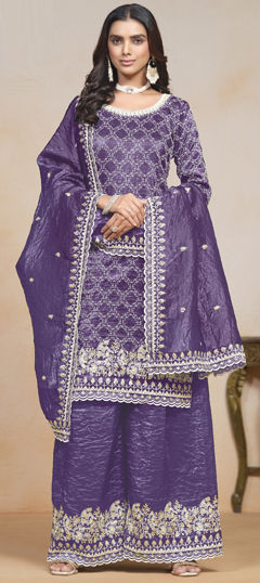 Bridal, Reception, Wedding Purple and Violet color Salwar Kameez in Crushed Silk fabric with Palazzo, Straight Embroidered, Resham, Sequence, Thread work : 1971491