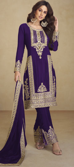 Bollywood Purple and Violet color Salwar Kameez in Faux Georgette fabric with Palazzo, Straight Embroidered, Sequence, Thread work : 1971495