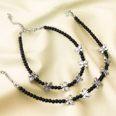 Black and Grey color Anklet in Brass studded with Beads & Silver Rodium Polish : 1971513