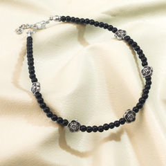 Silver Rodium Polish Black and Grey color Anklet in Brass studded with Beads
